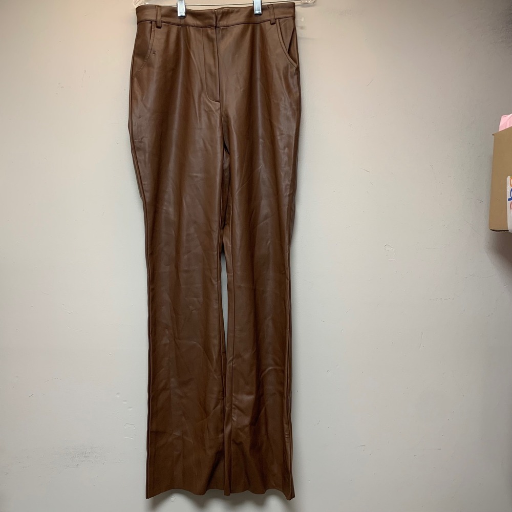 Meshki Tyra Straight Leg Pants Womens Large Chocolate Brown Excellent Faux Leath